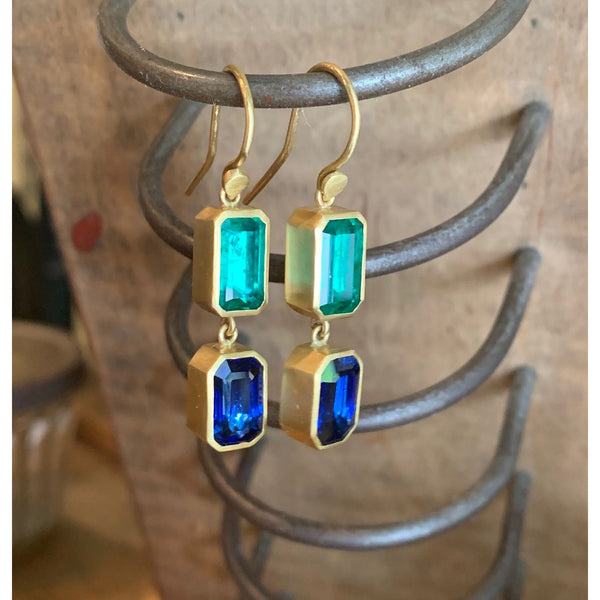 DOUBLE DROP SAPPHIRE AND EMERALD EARRINGS