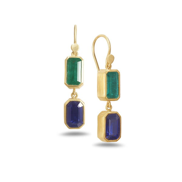 DOUBLE DROP SAPPHIRE AND EMERALD EARRINGS
