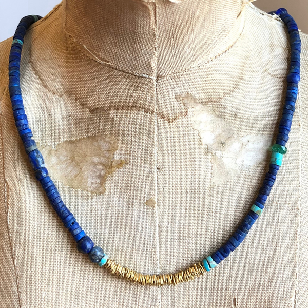 22K GOLD WITH STRAND OF LAPIS AND TURQUOISE BEADS