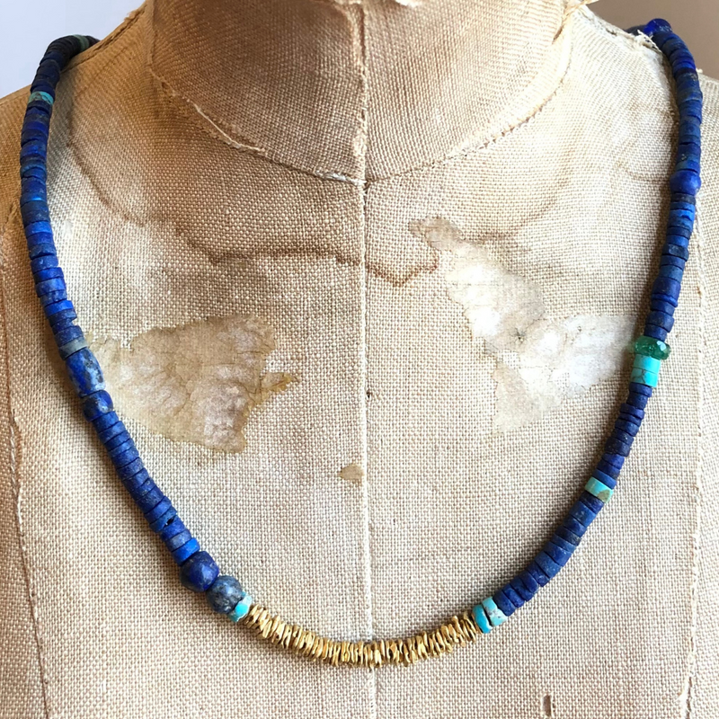 22K GOLD WITH STRAND OF LAPIS AND TURQUOISE BEADS