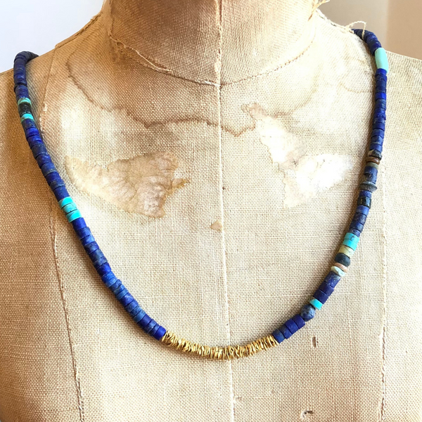 22K GOLD WITH STRAND OF LAPIS AND TURQUOISE BEADS