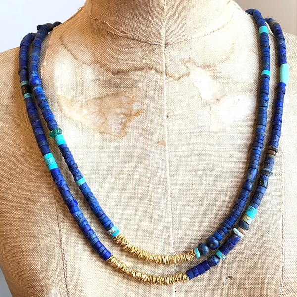 22K GOLD WITH STRAND OF LAPIS AND TURQUOISE BEADS