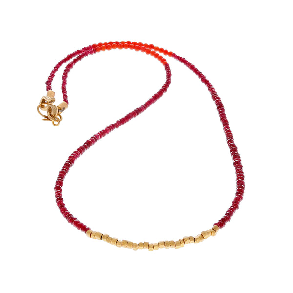 STRAND OF RUBY AND CORAL BEADS NECKLACE - 16.5"